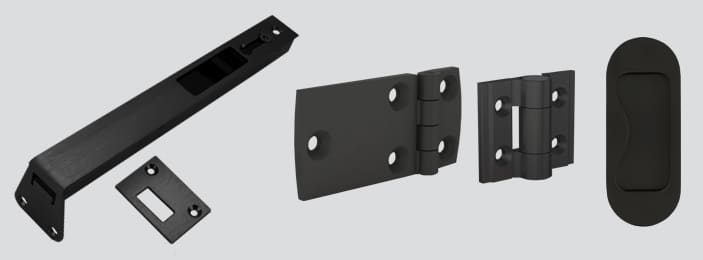 Cooke Brothers Black Flush Bolt - Black Hinges - Black Inset Handle